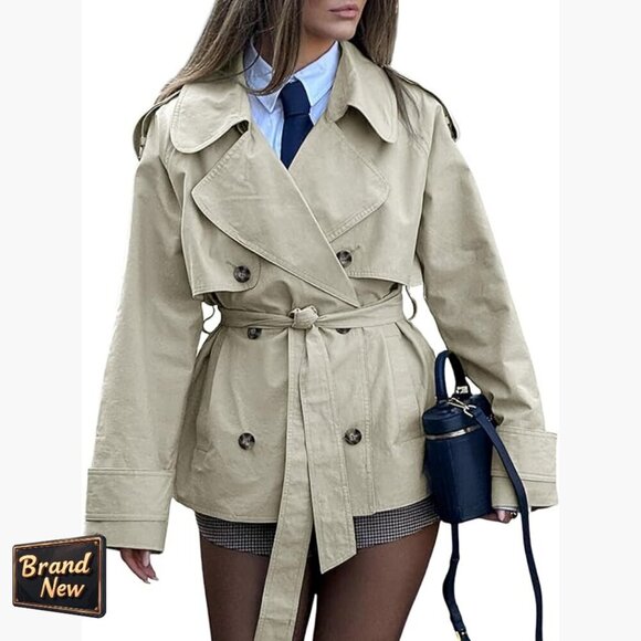 Jackets & Blazers - Cropped Trench Coat Women's Double Breasted Belted Jacket Cotton Mid-Length